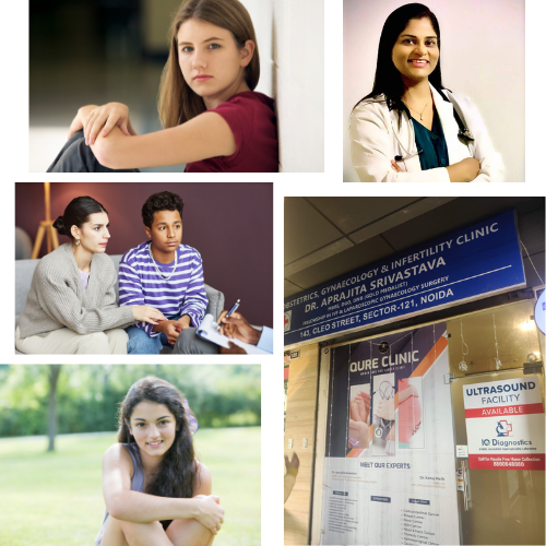 Collage of images featuring teenagers, a medical professional, and the Qure Clinic entrance with a focus on adolescent care in Noida.
