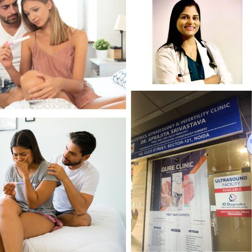 Collage featuring a concerned couple with a pregnancy test, a professional female doctor, and an infertility clinic in Noida with a signboard displaying Dr. Aparajita Srivastava's name.