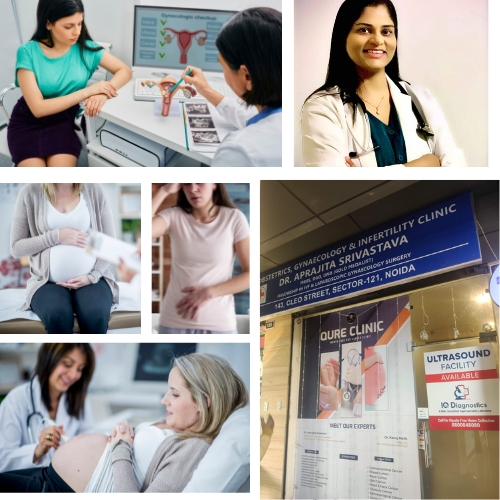 Collage showing a gynecologist consulting a patient, a pregnant woman, a doctor