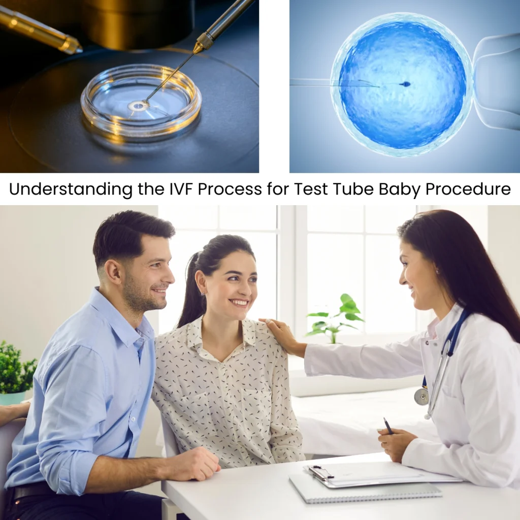 Doctor explaining the IVF process to a couple in a modern fertility clinic.