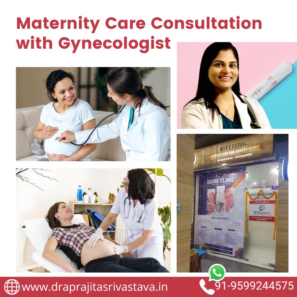 Pregnant woman consulting with a gynecologist during maternity care check-up for women's health services