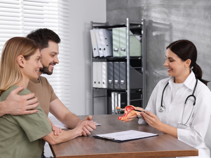 Photo of a doctor talking to a couple in a consultation room.
