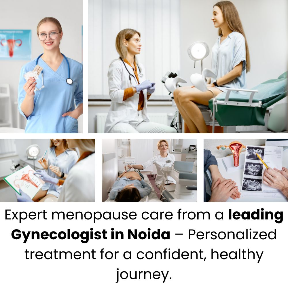 Compassionate gynecologist consulting a middle-aged woman about menopause care in a clinic.