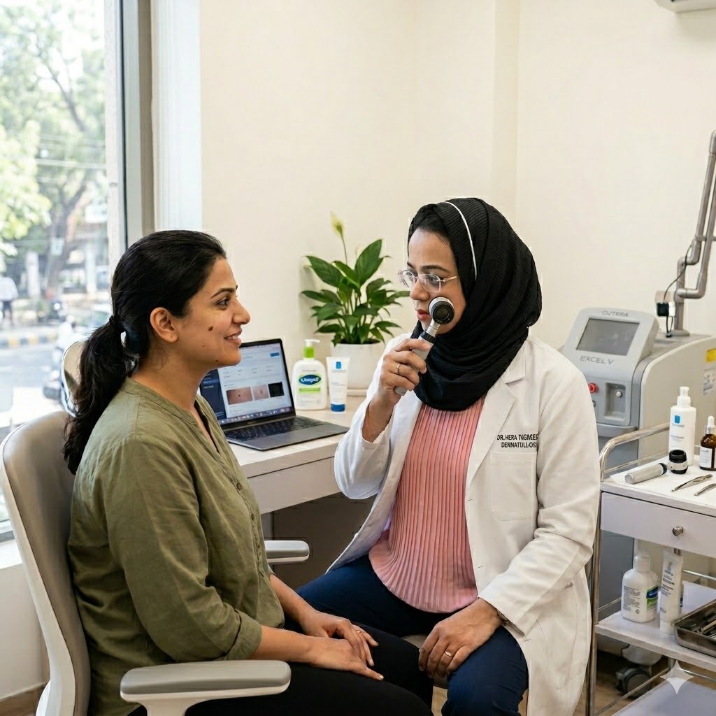 Dermatologist examining patient skin using dermatoscope in modern dermatology clinic in India