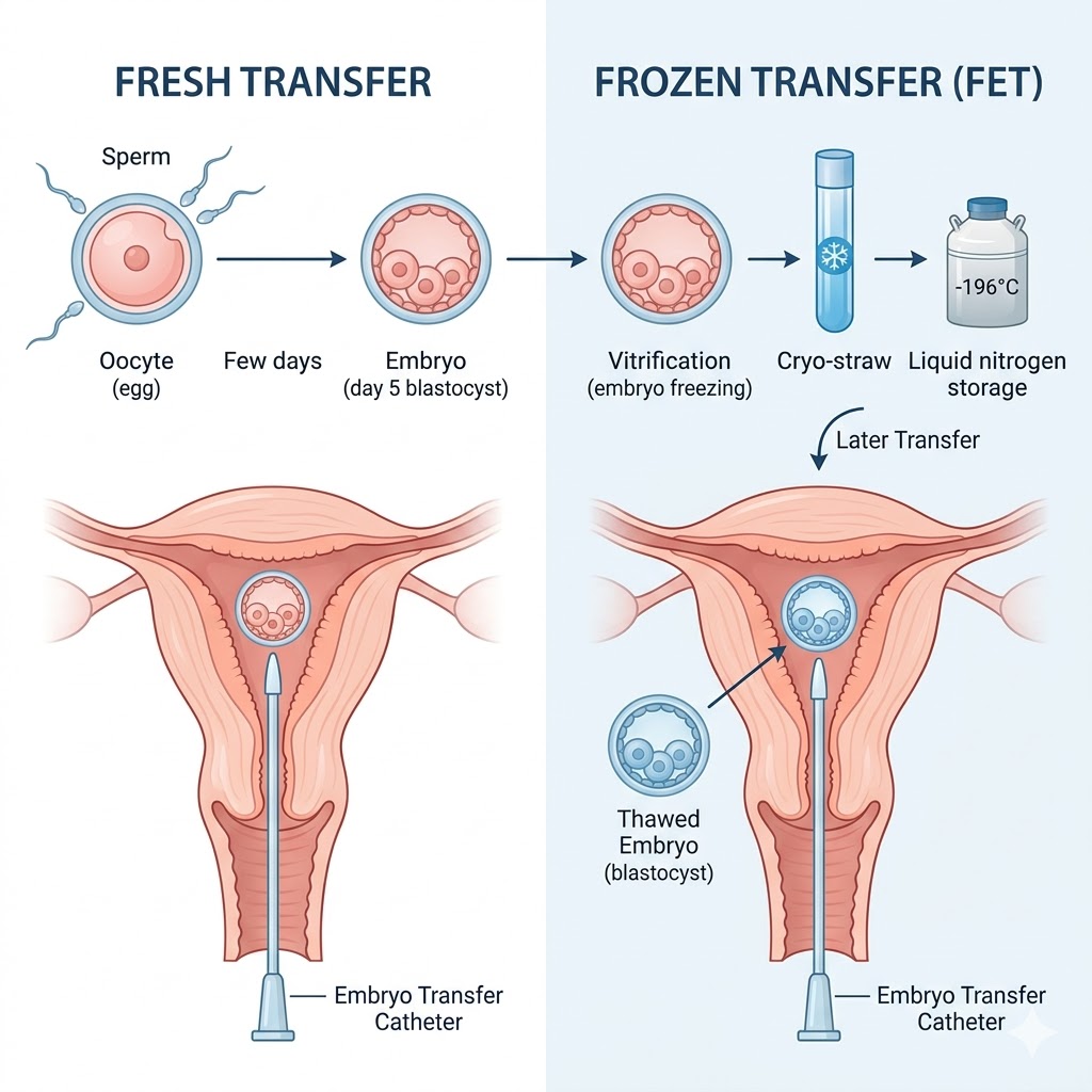 Frozen vs fresh embryo transfer IVF comparison showing success rate differences and uterine conditions in complex infertility cases