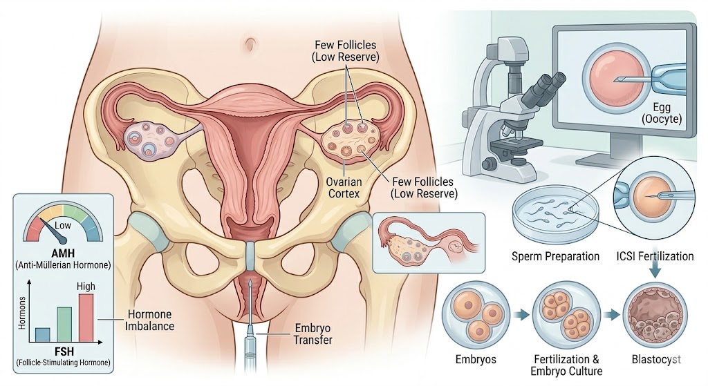 Low AMH, High FSH: Can IVF Still Work showing ovarian reserve and IVF process