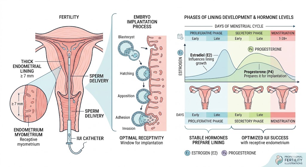 Endometrial receptivity and IUI success showing uterine lining thickness and embryo implantation process for better fertility outcomes