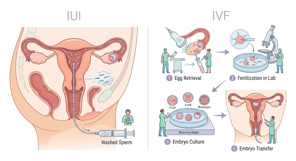IUI vs IVF after multiple failed cycles comparison showing fertility treatment process and when to switch from IUI to IVF