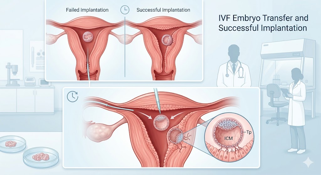 Recurrent implantation failure treatment showing IVF embryo transfer and successful implantation process in uterus