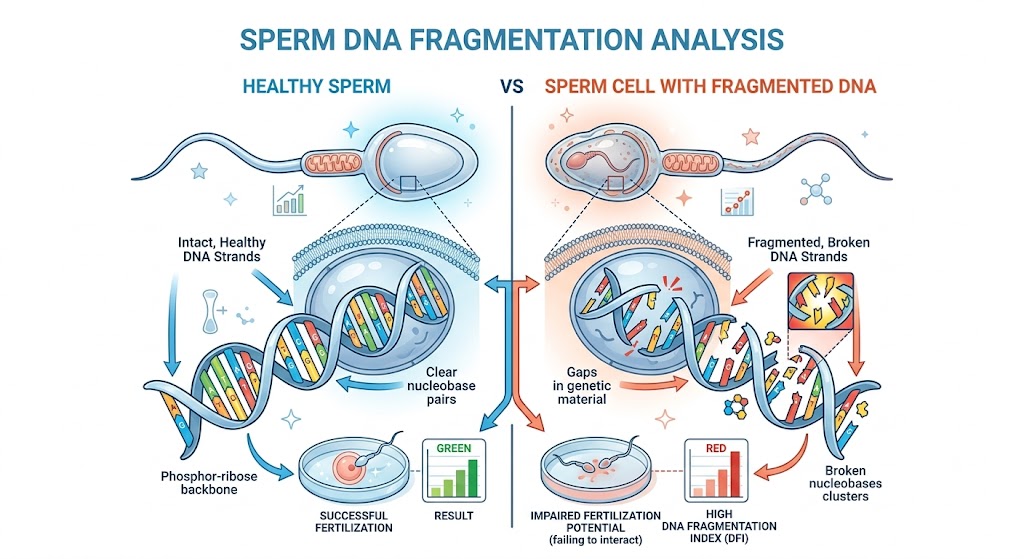 Does sperm DNA fragmentation affect IUI outcomes illustration showing healthy vs damaged sperm DNA