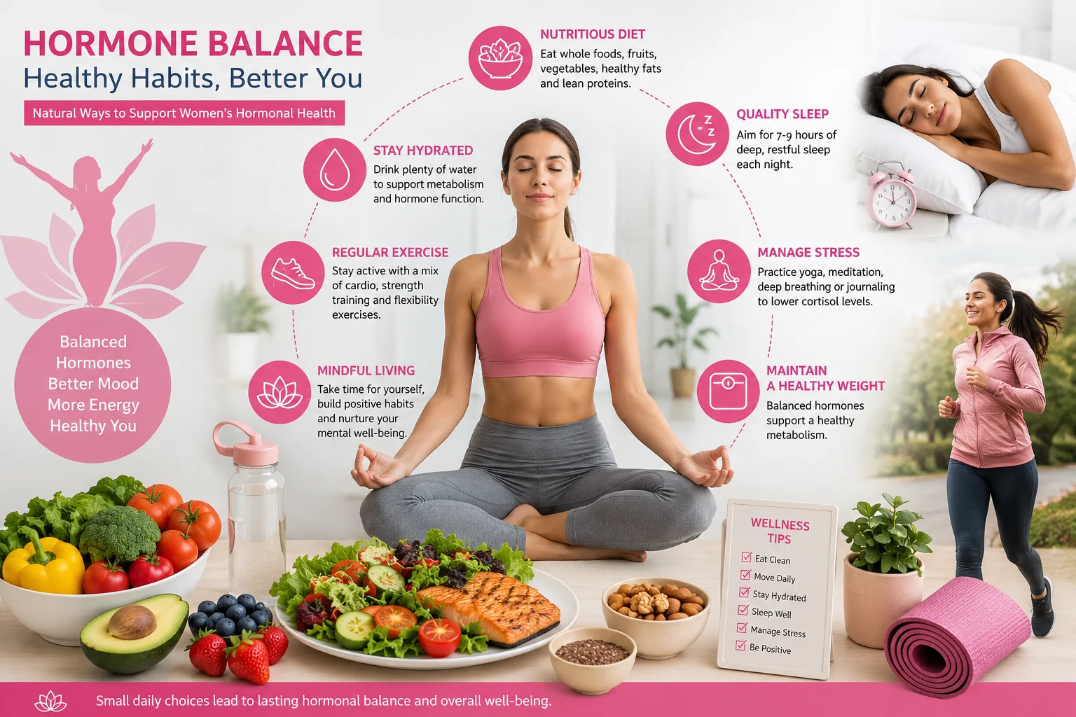 Hormonal imbalance lifestyle changes including healthy diet, exercise, stress management and quality sleep for women's hormone health.