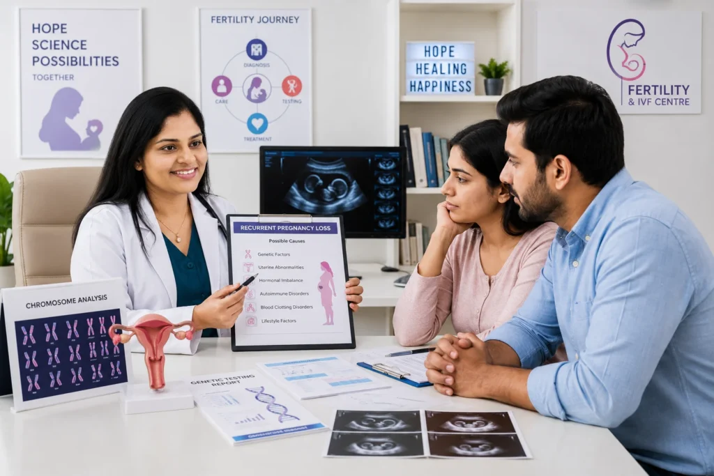 Recurrent pregnancy loss consultation with IVF specialist discussing advanced fertility diagnostics and genetic testing.