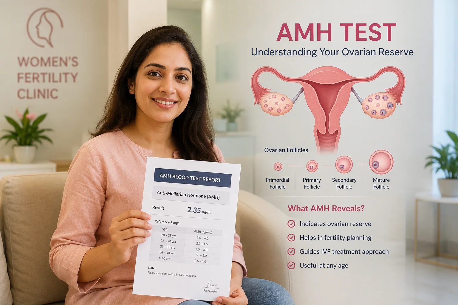 Woman holding an AMH test report with an illustration of ovarian reserve in a fertility clinic in Noida.
