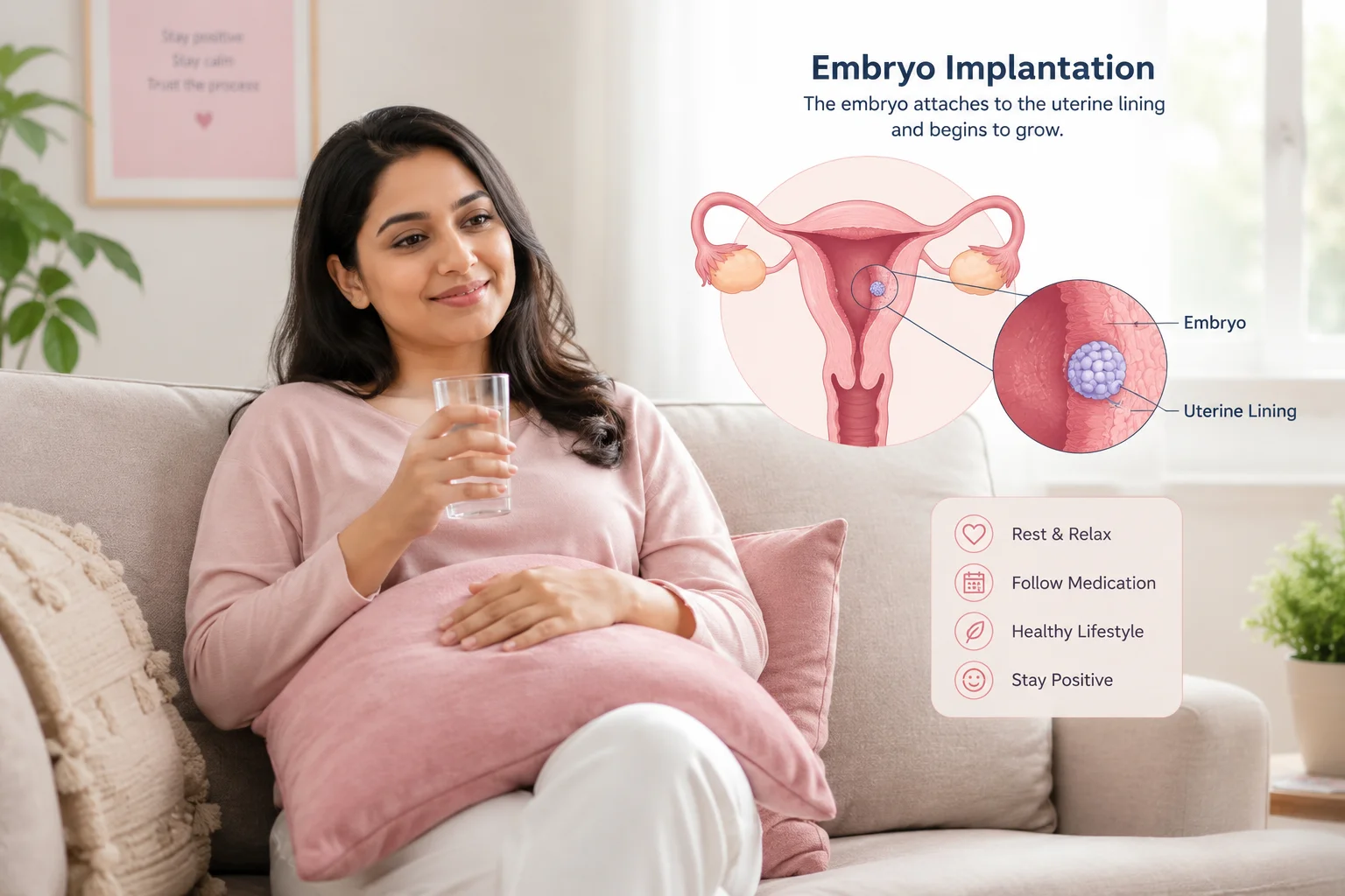 Woman resting comfortably after embryo transfer with embryo implantation illustration.