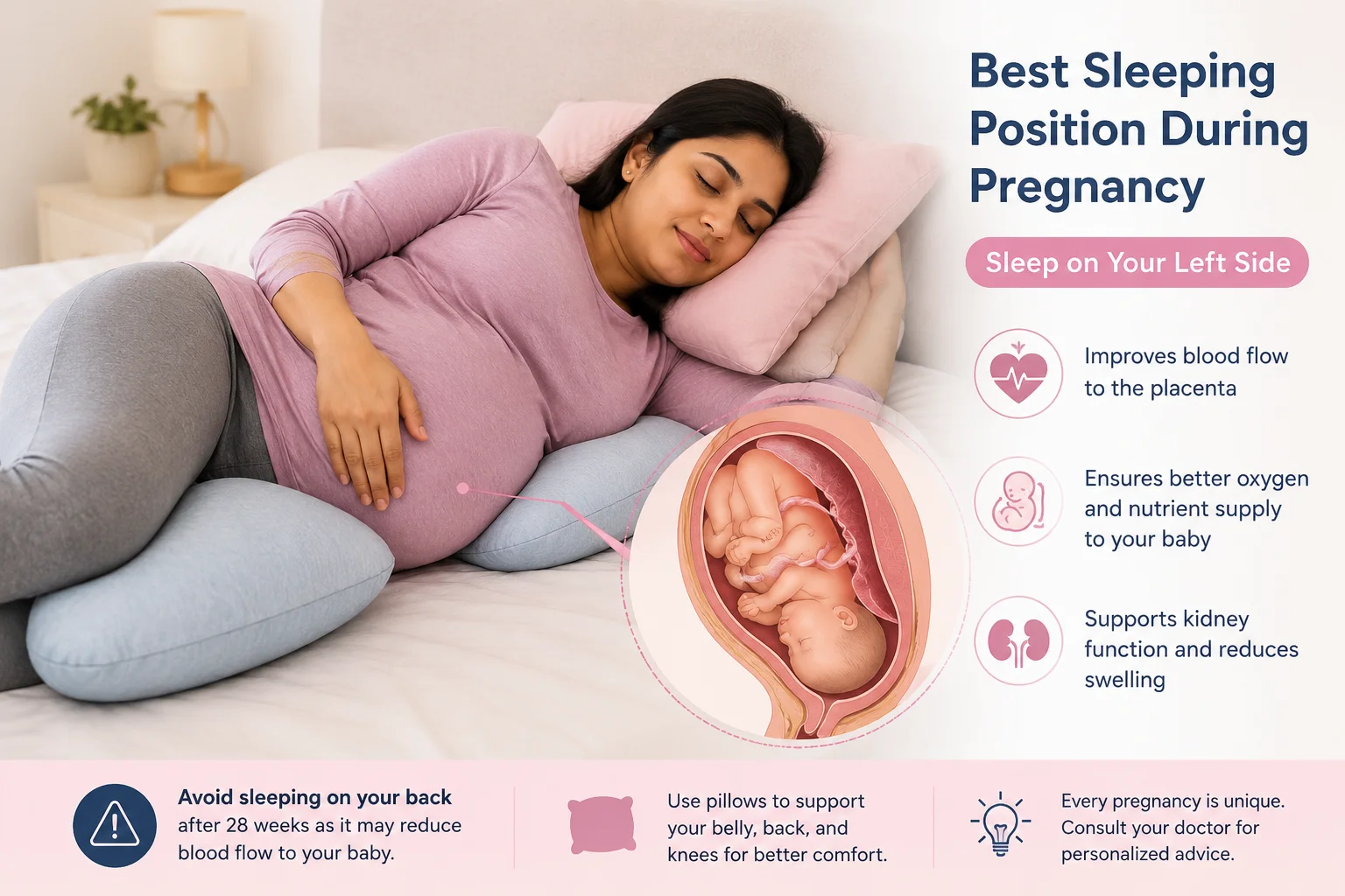 Pregnant woman sleeping on her left side with pillows for support during pregnancy.