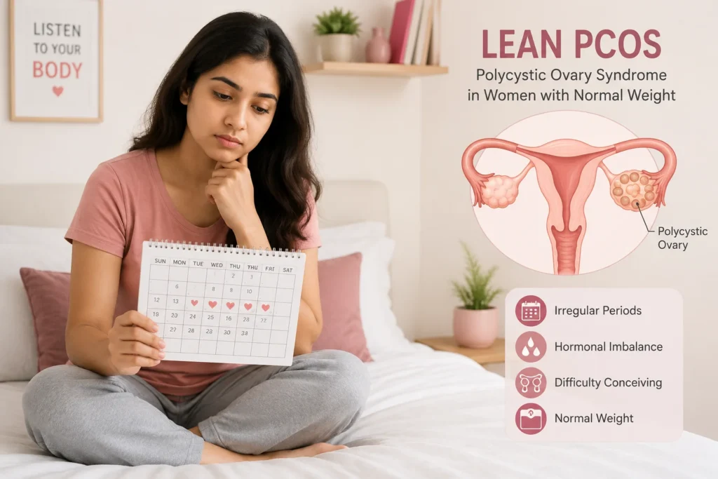 Lean PCOS in women with normal body weight causing hormonal imbalance and irregular periods.