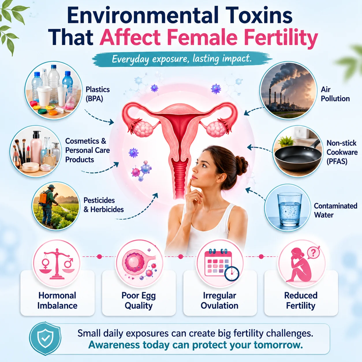 Common environmental toxins such as plastics, pesticides, air pollution, and household chemicals that may affect female fertility and reproductive health.