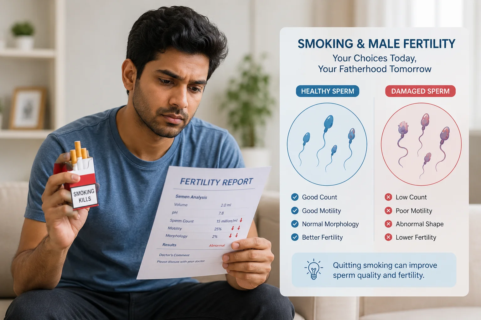 Man holding a cigarette pack and fertility report with sperm illustration showing smoking effects on male fertility.
