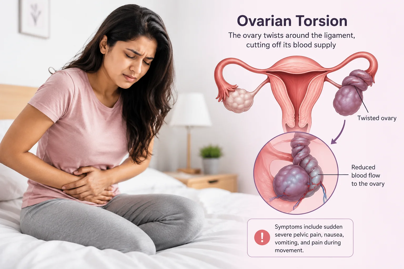 Woman experiencing ovarian torsion symptoms with illustration of a twisted ovary and blocked blood supply.