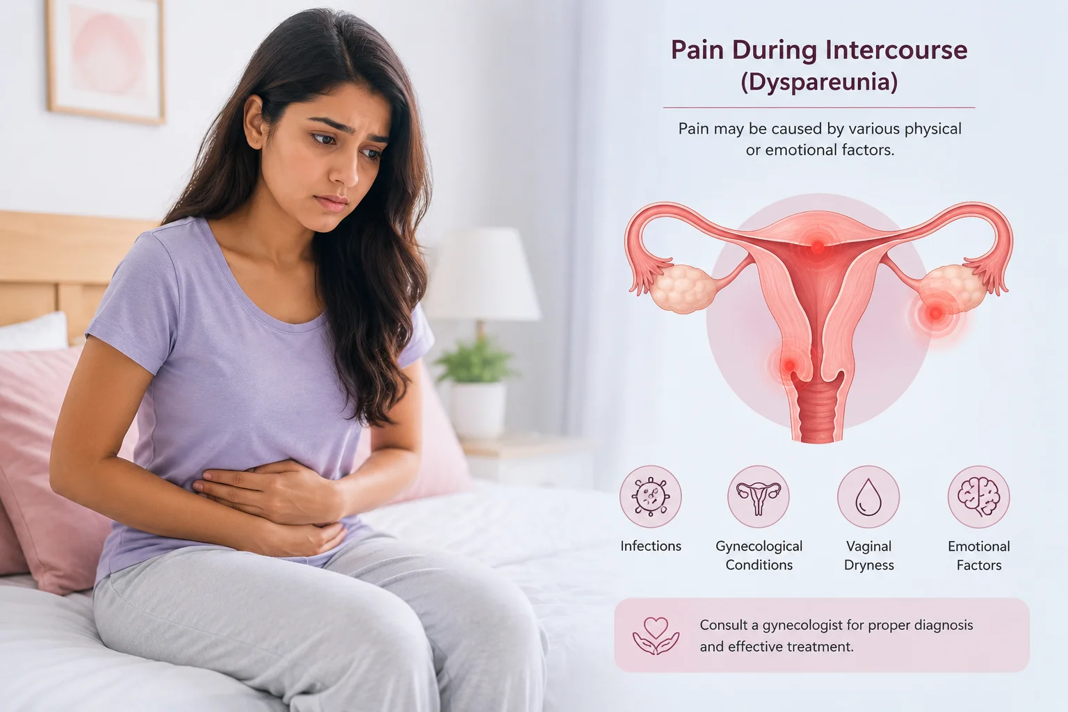 Woman experiencing pain during intercourse with illustration of female reproductive organs.