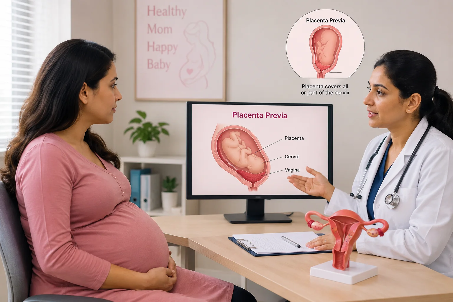 Placenta previa during pregnancy showing a low-lying placenta near the cervix with a pregnant woman consulting a gynecologist
