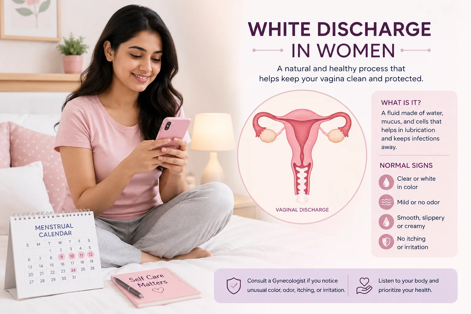 Woman tracking menstrual health with an illustration explaining white discharge in women.