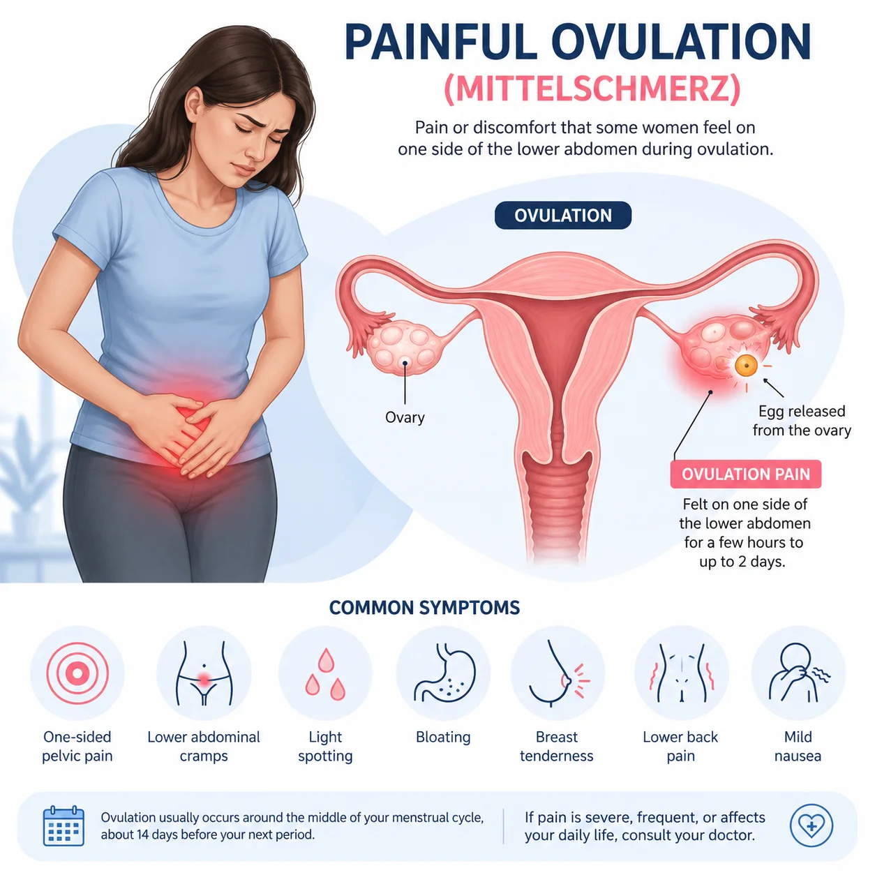 Illustration showing painful ovulation and mild pelvic pain during the menstrual cycle.