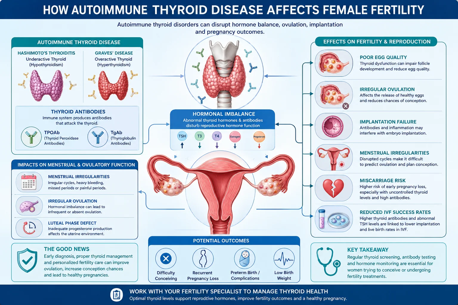 Infographic showing fertility challenges in women with autoimmune thyroid disease including ovulation problems, thyroid antibodies, implantation failure, miscarriage risk, and IVF outcomes