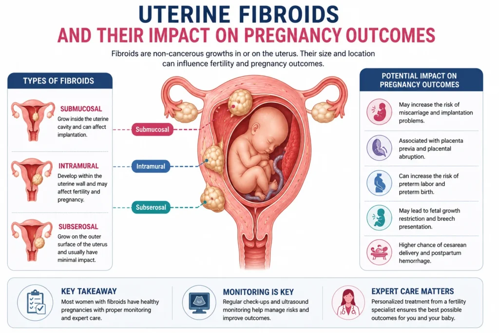 Uterine fibroids and their impact on pregnancy outcomes showing miscarriage risk, preterm labor, placenta previa, breech baby position and other pregnancy complications