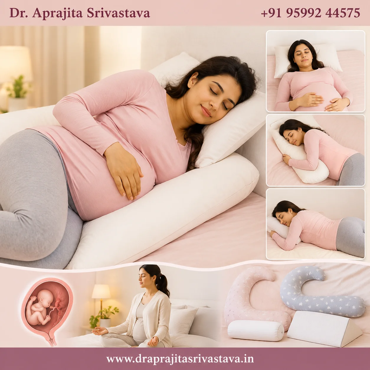 Pregnant woman sleeping comfortably on her left side with pregnancy pillow, illustrating the best sleeping positions during pregnancy by trimester.