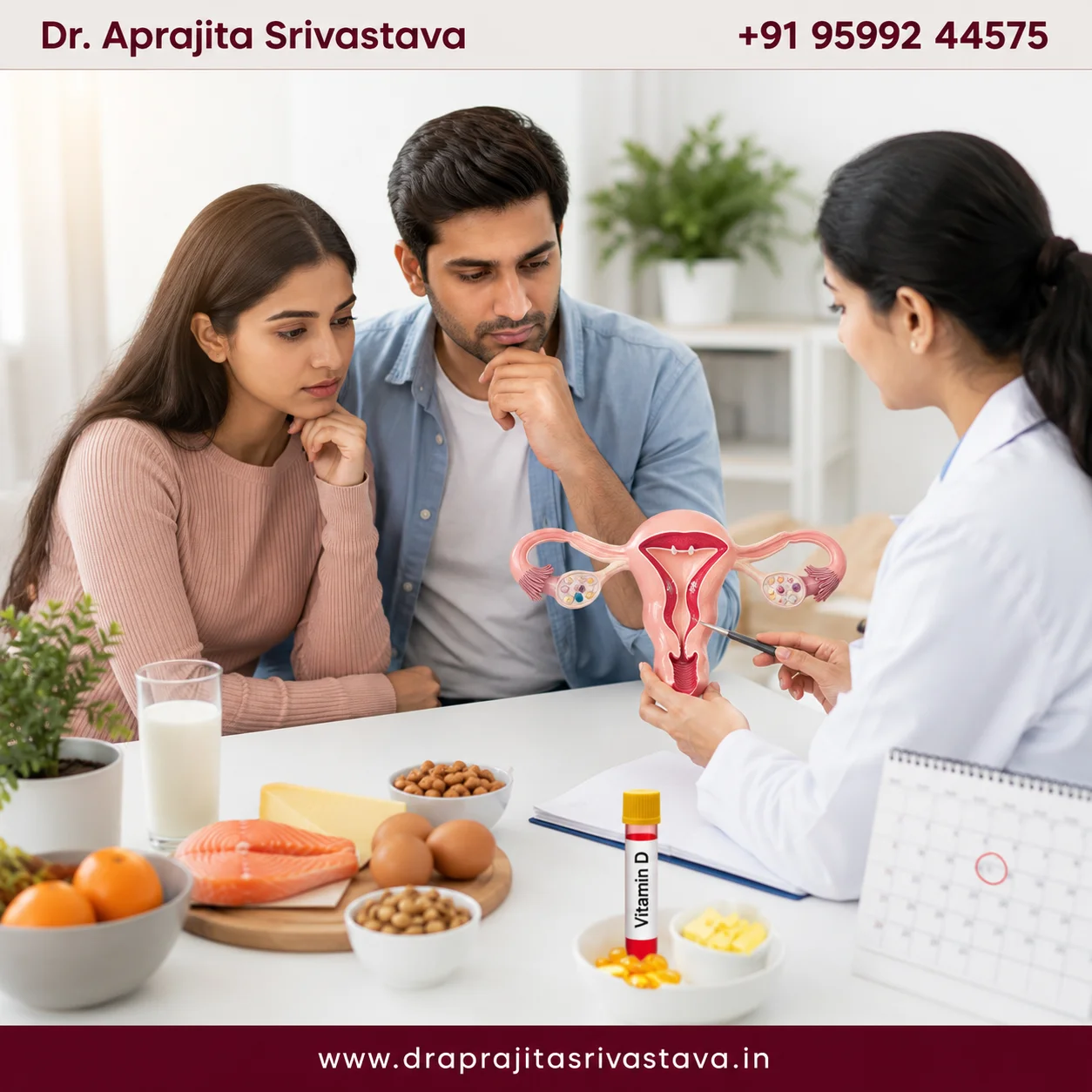 Can Vitamin D Deficiency Cause Infertility? Dr. Aprajita Srivastava explaining the role of Vitamin D in fertility, IVF success, and reproductive health to a couple during consultation.