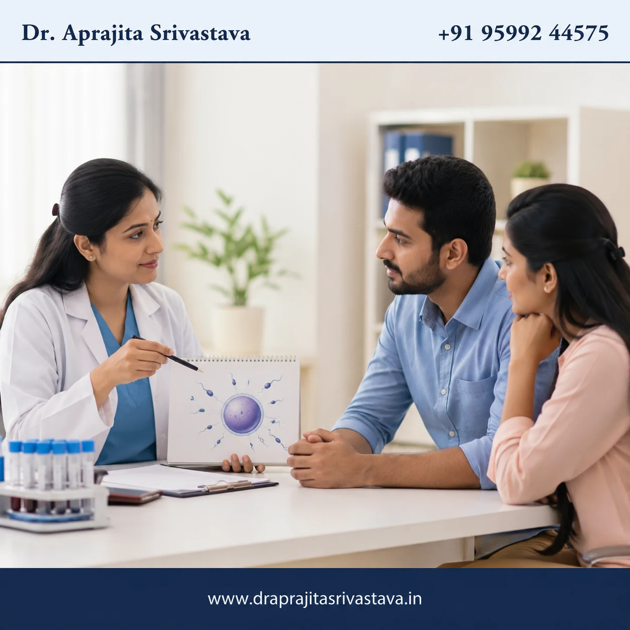 Dr. Aprajita Srivastava consulting a couple about male fertility tests and fertility evaluation at her IVF clinic in Noida.